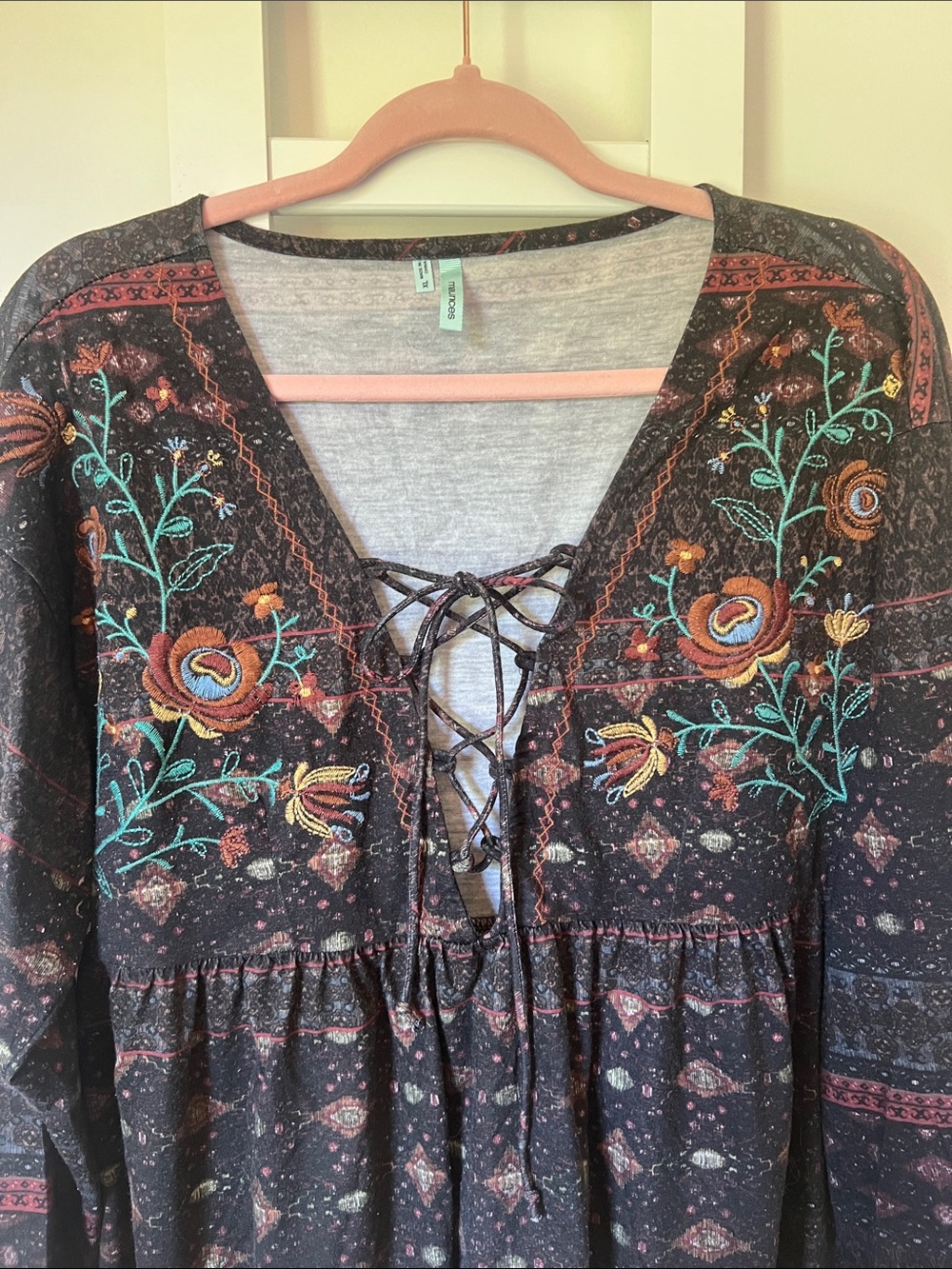 Lace-Up Floral Boho Blouse in Soft Black - Picture 3 of 4